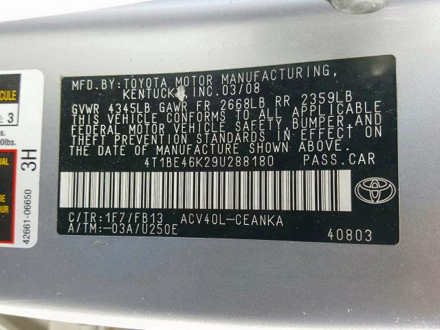 4T1BE46K29U288180 - 2009 TOYOTA CAMRY BASE  photo 10