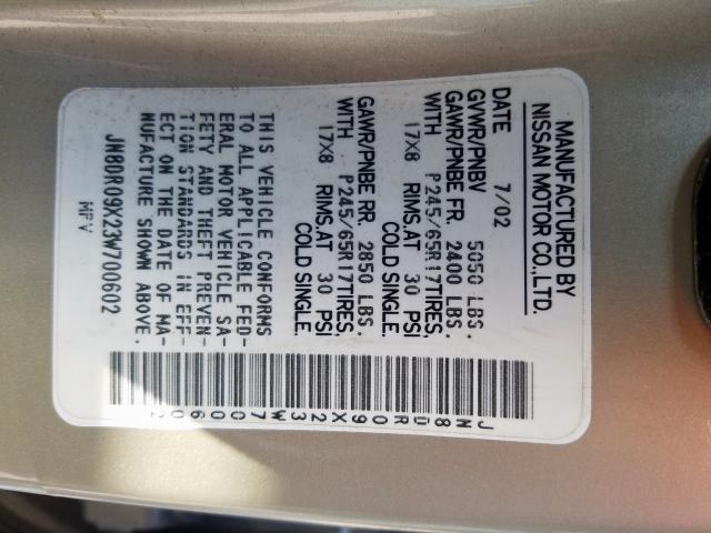 JN8DR09X23W700602 - 2003 NISSAN PATHFINDER LE  photo 10