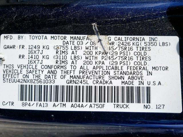 5TEUU42NX8Z561033 - 2008 TOYOTA TACOMA ACCESS CAB  ფოტო 10