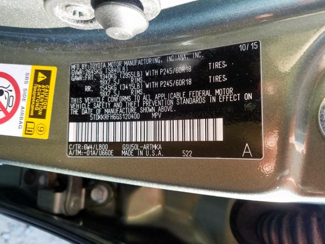 5TDKKRFH6GS120400 - 2016 TOYOTA HIGHLANDER XLE  ფოტო 10