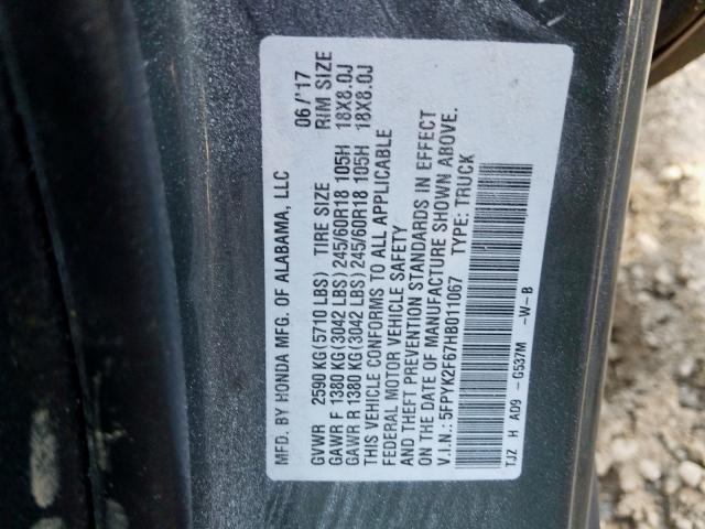 5FPYK2F67HB011067 - 2017 HONDA RIDGELINE RTL  photo 10