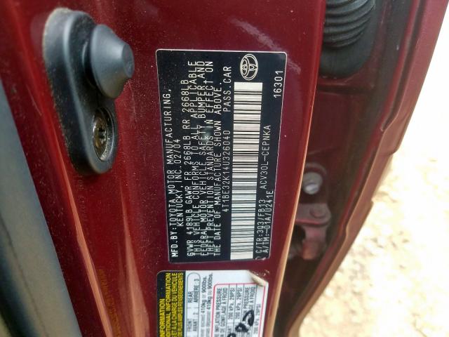 4T1BE32K14U326040 - 2004 TOYOTA CAMRY LE  photo 10