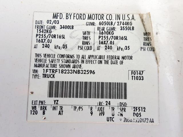 1FTRF18233NB32596 - 2003 FORD F150  photo 10