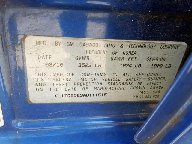 KL1TD5DE3AB111515 - 2010 CHEVROLET AVEO LS  ფოტო 10