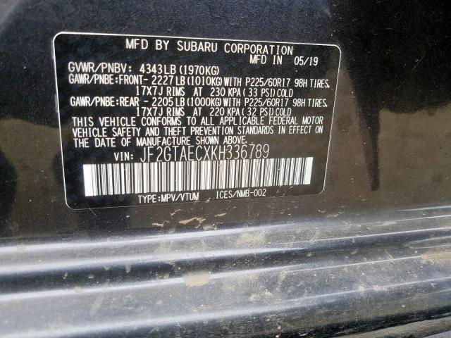 JF2GTAECXKH336789 - 2019 SUBARU CROSSTREK PREMIUM  foto 10