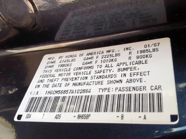 1HGCM56857A102864 - 2007 HONDA ACCORD EX  photo 10