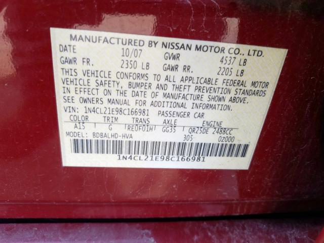 1N4CL21E98C166981 - 2008 NISSAN ALTIMA HYBRID  photo 10