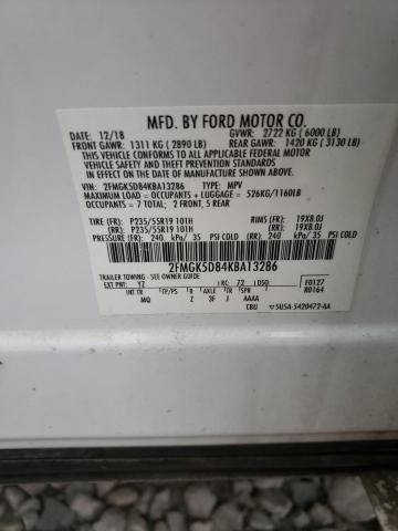 2FMGK5D84KBA13286 - 2019 FORD FLEX LIMITED WHITE photo 13