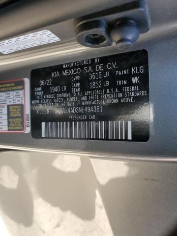 3KPA24AD3NE494361 - 2022 KIA RIO LX GRAY photo 12