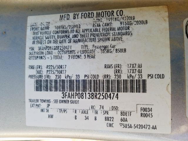 3FAHP08138R250474 - 2008 FORD FUSION SEL  photo 10