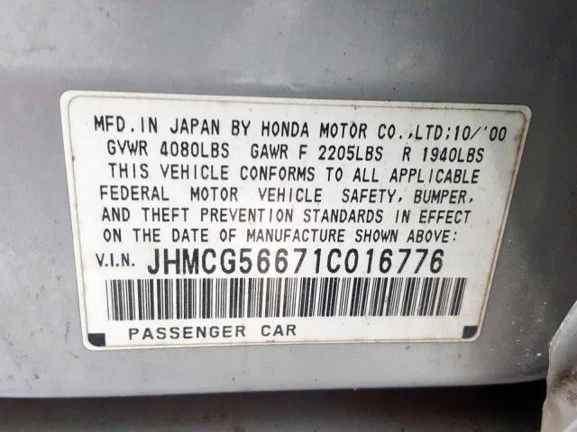 JHMCG56671C016776 - 2001 HONDA ACCORD EX  photo 10