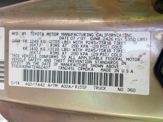 5TEUX42N47Z462407 - 2007 TOYOTA TACOMA ACCESS CAB  ფოტო 10