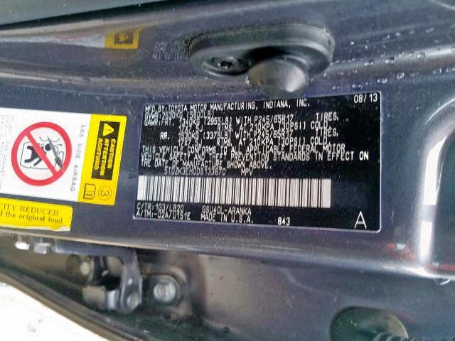 5TDZK3EH0DS133670 - 2013 TOYOTA HIGHLANDER BASE  photo 10