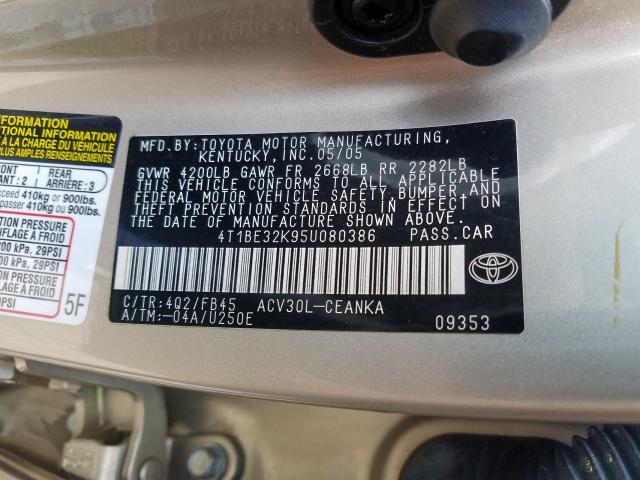 4T1BE32K95U080386 - 2005 TOYOTA CAMRY LE  photo 10