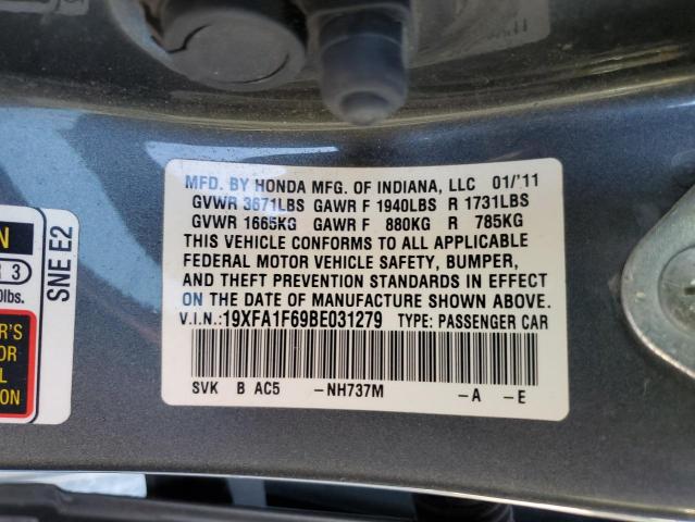 19XFA1F69BE031279 - 2011 HONDA CIVIC LX-S Сұр фото 13