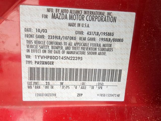 1YVHP80D145N22395 - 2004 MAZDA 6 S  photo 10