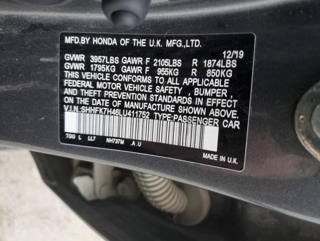 SHHFK7H46LU411752 - 2020 HONDA CIVIC SPORT 灰色 照片 12