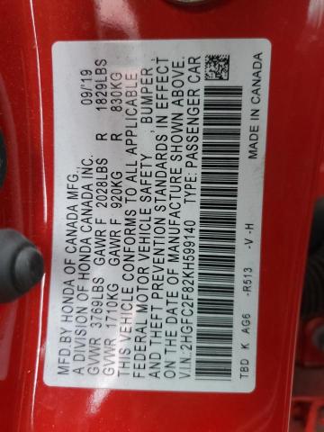 2HGFC2F82KH599140 - 2019 HONDA CIVIC SPORT 红色 照片 13