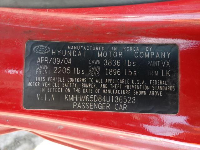 KMHHM65D84U136523 - 2004 HYUNDAI TIBURON RED photo 13