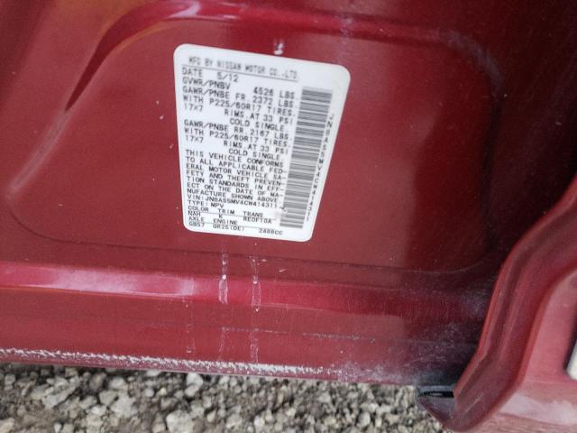 JN8AS5MV4CW414311 - 2012 NISSAN ROGUE S მუქწითელი ფოტო 12