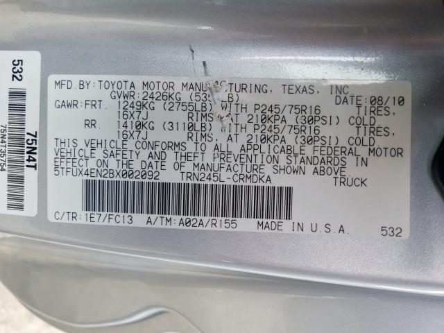 5TFUX4EN2BX002092 - 2011 TOYOTA TACOMA ACCESS CAB  ფოტო 10