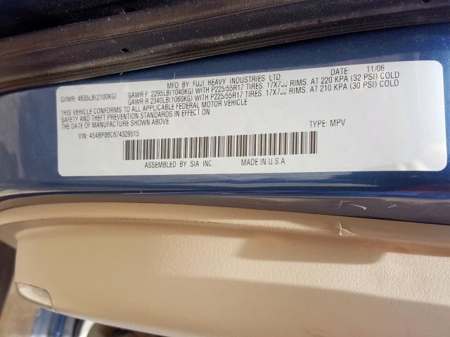 4S4BP86C674329515 - 2007 SUBARU LEGACY OUTBACK 3.0R LL BEAN  photo 10