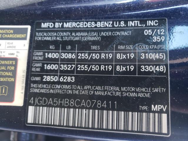 4JGDA5HB8CA078411 - 2012 MERCEDES-BENZ ML 350 4MATIC BLACK photo 12