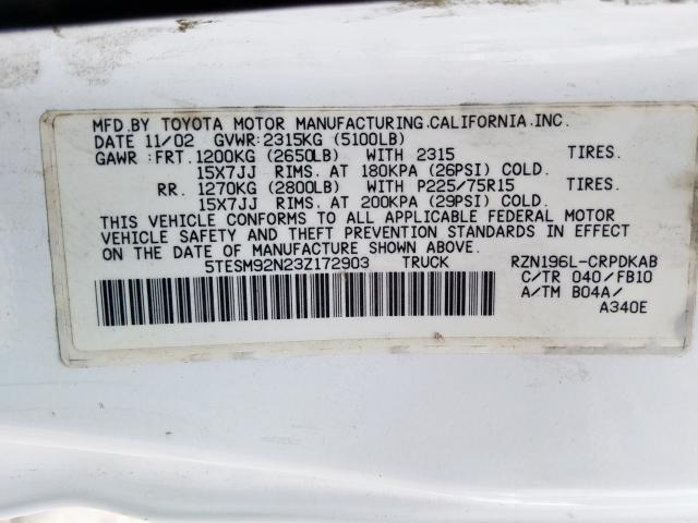 5TESM92N23Z172903 - 2003 TOYOTA TACOMA XTRACAB PRERUNNER  ფოტო 10