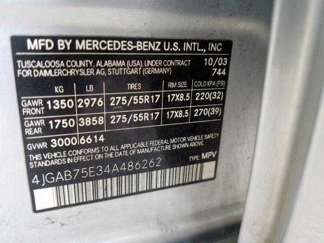 4JGAB75E34A486262 - 2004 MERCEDES-BENZ ML 500  photo 10