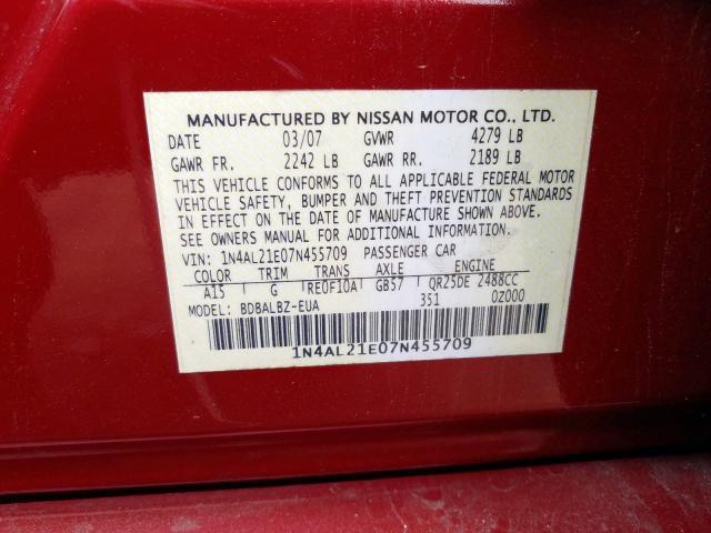 1N4AL21E07N455709 - 2007 NISSAN ALTIMA 2.5  photo 10