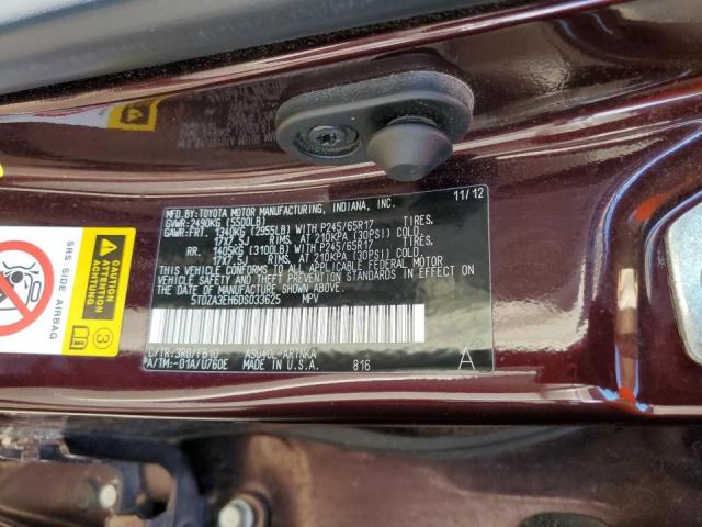 5TDZA3EH6DS033625 - 2013 TOYOTA HIGHLANDER BASE PURPLE photo 12