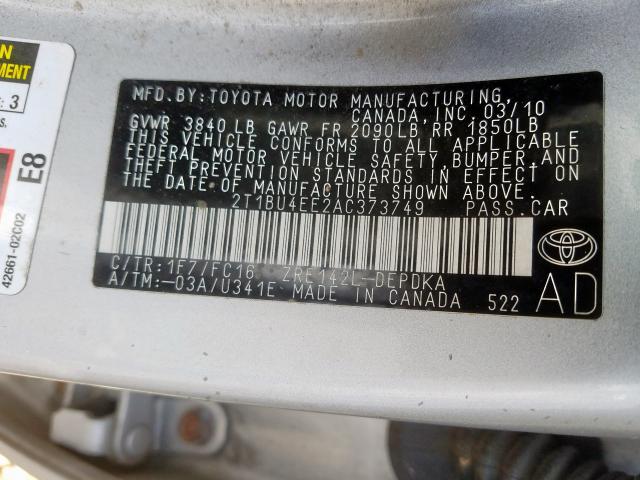 2T1BU4EE2AC373749 - 2010 TOYOTA COROLLA BASE  photo 10