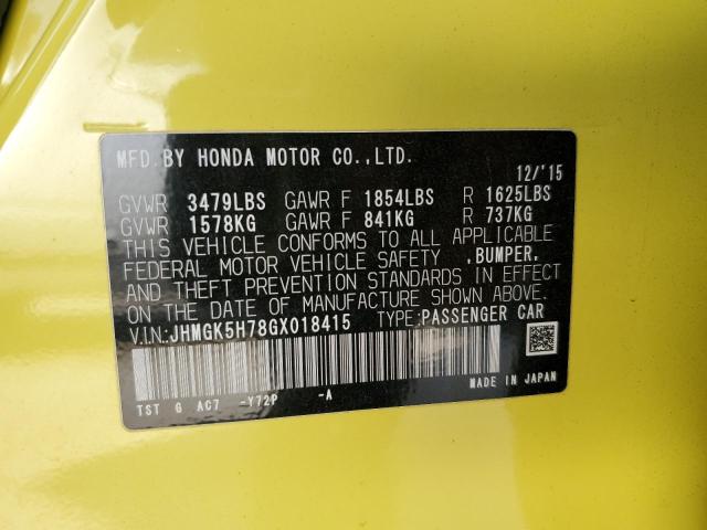 JHMGK5H78GX018415 - 2016 HONDA FIT EX YELLOW photo 12