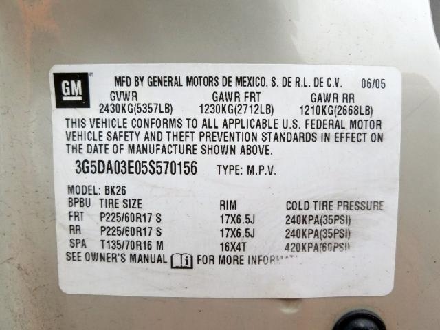 3G5DA03E05S570156 - 2005 BUICK RENDEZVOUS CX  photo 10