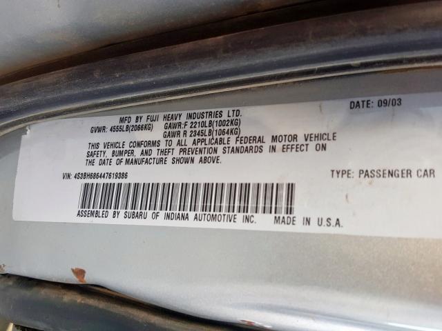 4S3BH686447619386 - 2004 SUBARU LEGACY OUTBACK LIMITED  photo 10