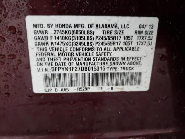 5FPYK1F27DB015315 - 2013 HONDA RIDGELINE RT BURGUNDY photo 12