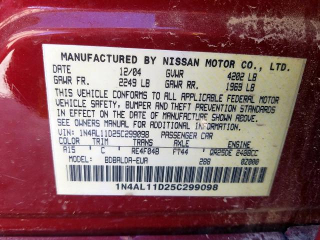 1N4AL11D25C299098 - 2005 NISSAN ALTIMA S  photo 10