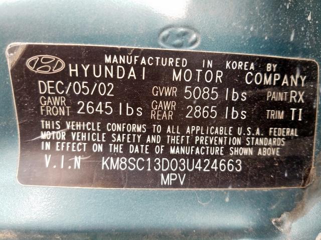 KM8SC13D03U424663 - 2003 HYUNDAI SANTA FE GLS  photo 10