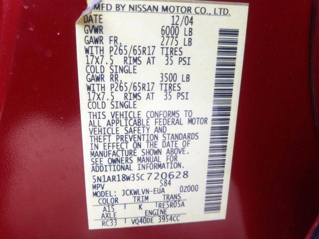 5N1AR18W35C720628 - 2005 NISSAN PATHFINDER LE  ფოტო 10