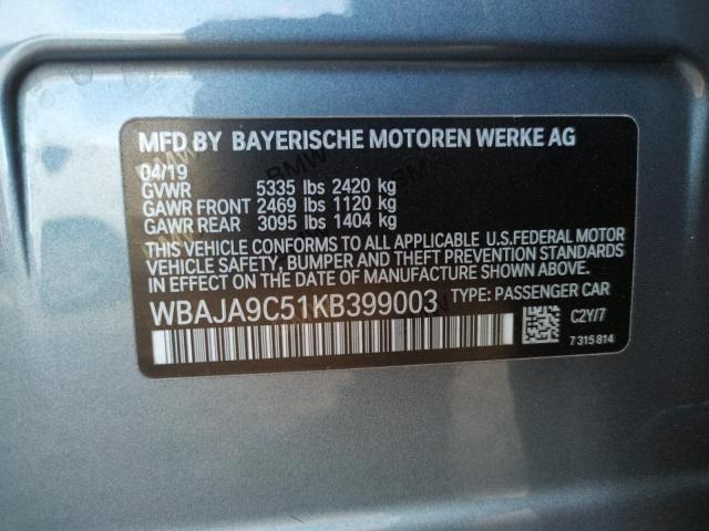 WBAJA9C51KB399003 - 2019 BMW 530E SILVER photo 12