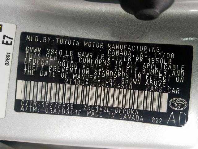 2T1BU40E09C144540 - 2009 TOYOTA COROLLA BASE  صورة 10