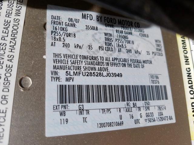 5LMFU28528LJ03949 - 2008 LINCOLN NAVIGATOR  照片 10