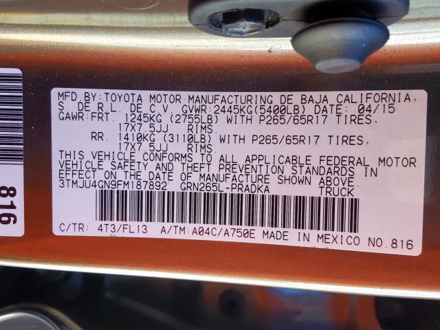 3TMJU4GN9FM187892 - 2015 TOYOTA TACOMA DOUBLE CAB PRERUNNER  photo 10