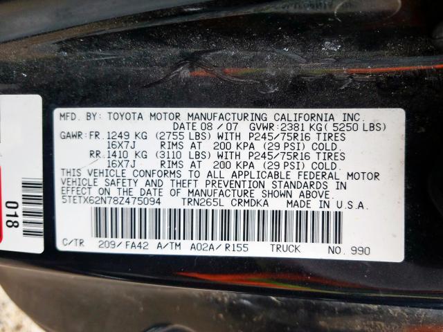 5TETX62N78Z475094 - 2008 TOYOTA TACOMA PRERUNNER ACCESS CAB  photo 10
