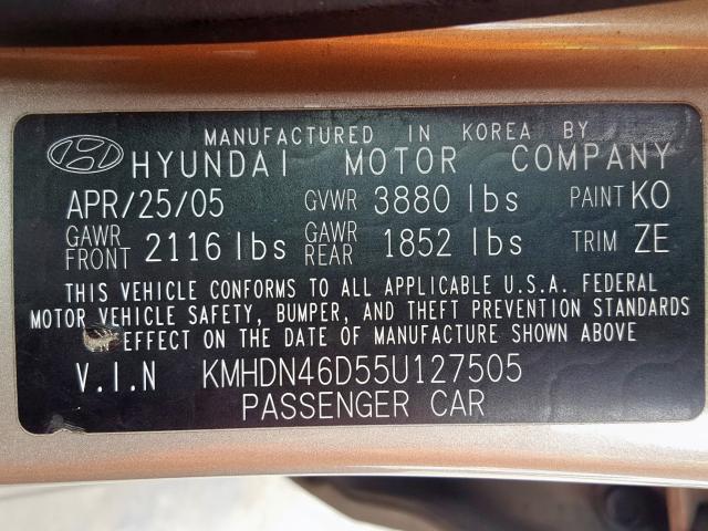 KMHDN46D55U127505 - 2005 HYUNDAI ELANTRA GLS  photo 10