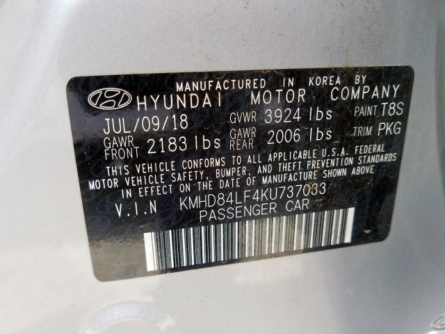 KMHD84LF4KU737033 - 2019 HYUNDAI ELANTRA SEL  photo 10