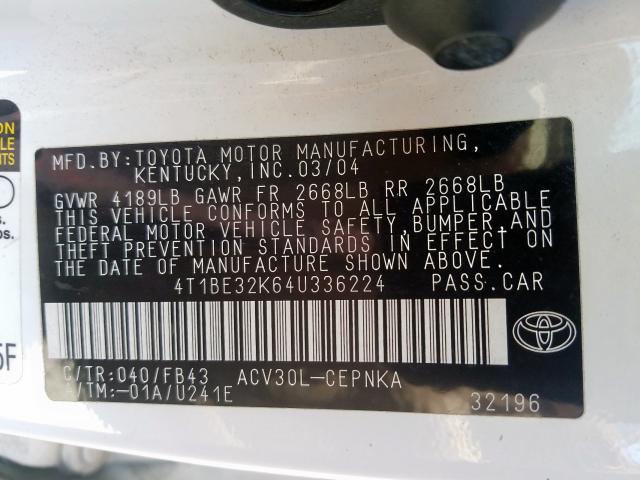 4T1BE32K64U336224 - 2004 TOYOTA CAMRY LE  photo 10