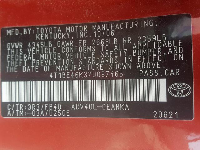 4T1BE46K37U087465 - 2007 TOYOTA CAMRY CE  photo 10