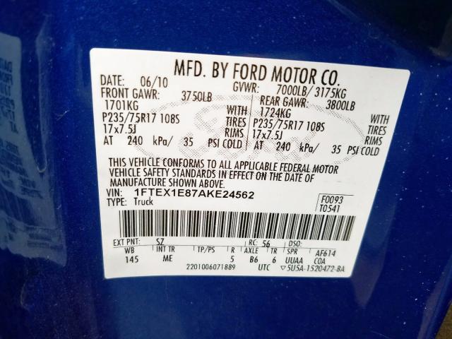 1FTEX1E87AKE24562 - 2010 FORD F150 SUPER CAB  photo 10