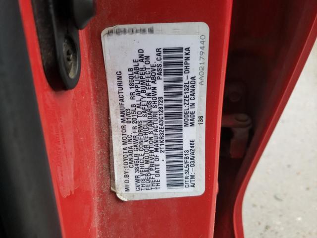 2T1KR32E43C128728 - 2003 TOYOTA COROLLA MA XR RED photo 12